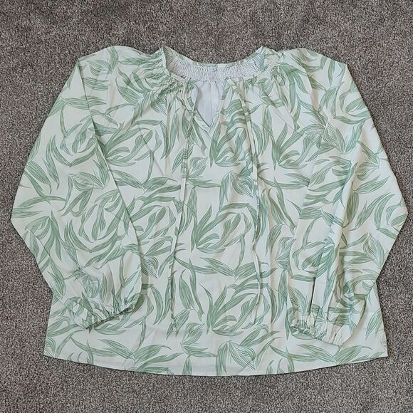 Like New Women's Size Large Long Sleeve Leaf Print Tie Neck Blouse - Picture 7 of 13